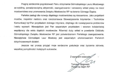 Kolejne wyróżnienie dla kol. Romualda Melcera laureata Górnośląskiego  Lauru Mostowego